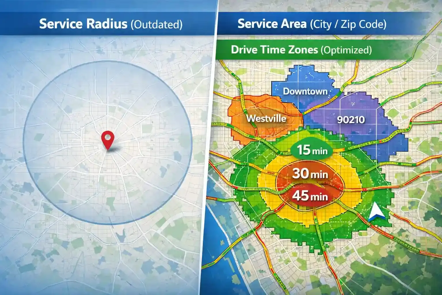 Split map: outdated service radius vs optimized drive-time service areas
